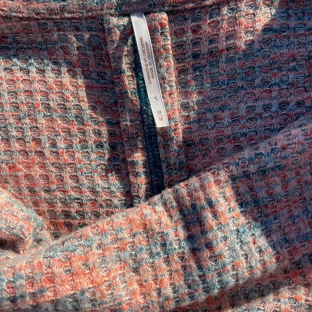 Free People Waffle Brushed Knit Sweater Orange and Teal Blue with Button Sleeves